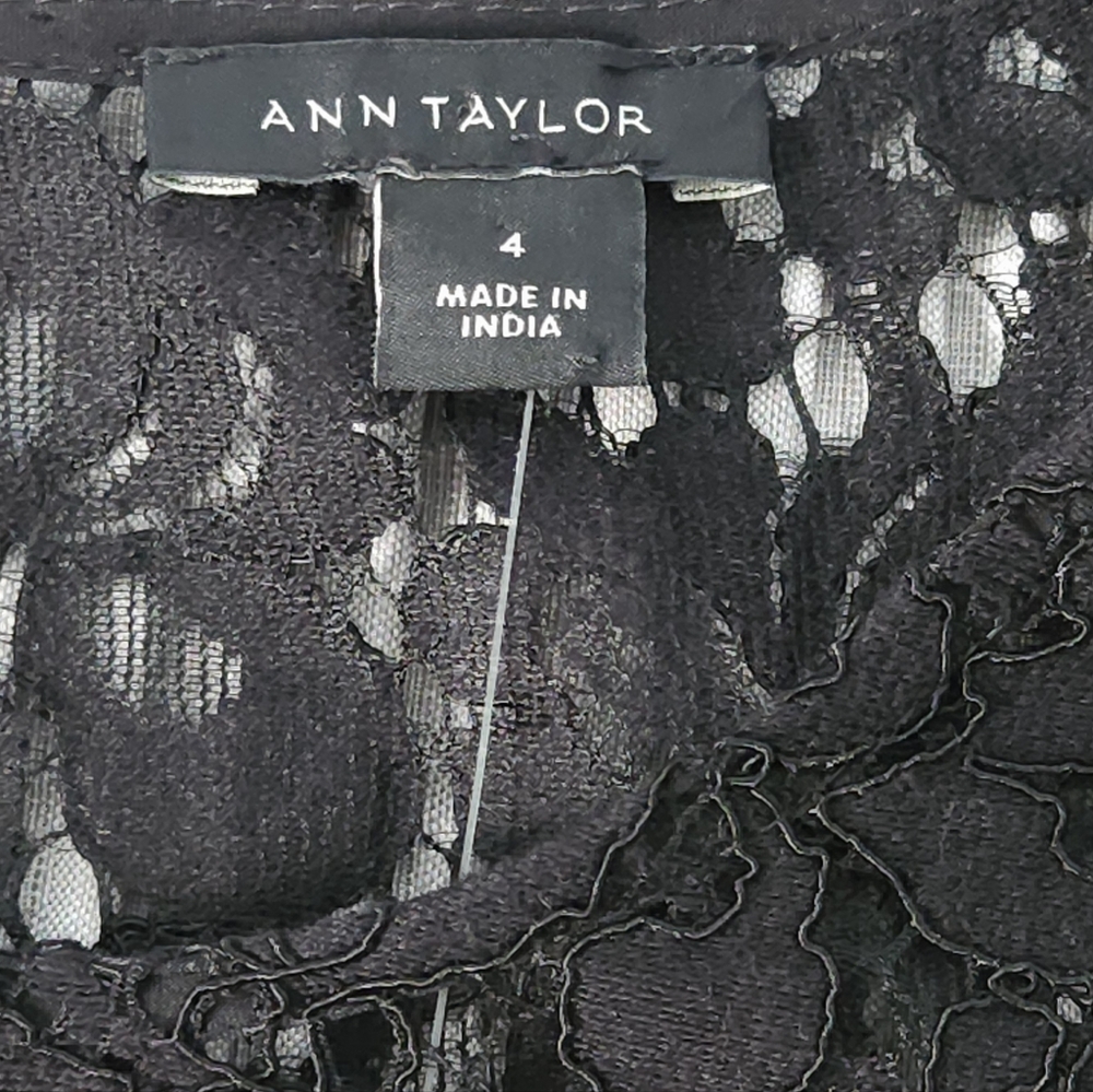 Ann Taylor Black Lace Illusion Shift Dress 4 Bell Sleeve Ruffle Shoulder New - Picture 5 of 10